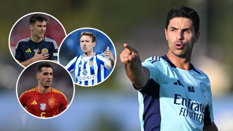 Arsenal manager Mikel Arteta during a training session at Los Angeles Rams Practice Facility. Inset, Nacho Monreal, Kieran Tierney, and Mikel Merino.