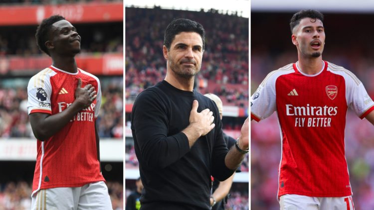 Three image split of Bukayo Saka, Mikel Arteta, and Gabriel Martinelli.