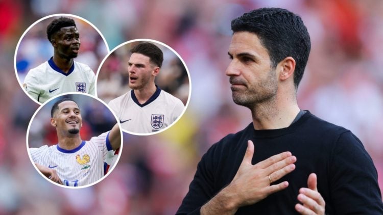 Mikel Arteta, manager of Arsenal. Inset, Bukayo Saka, Declan Rice, and William Saliba.