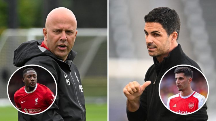 Split image of Arne Slot and Ibrahima Konate on the left, and Mikel Arteta and Kai Havertz on the right.