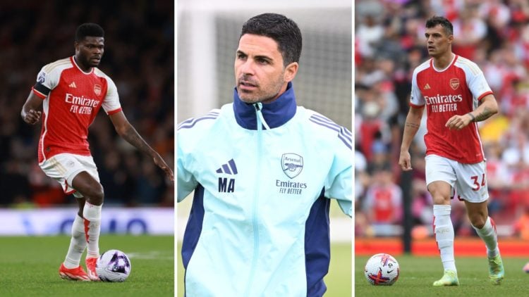 Three image split of Thomas Partey, Mikel Arteta, and Granit Xhaka.