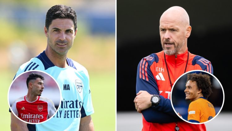 Split image of Mikel Arteta and Gabriel Martinelli on the left, and Erik ten Hag and Joshua Zirkzee on the right.