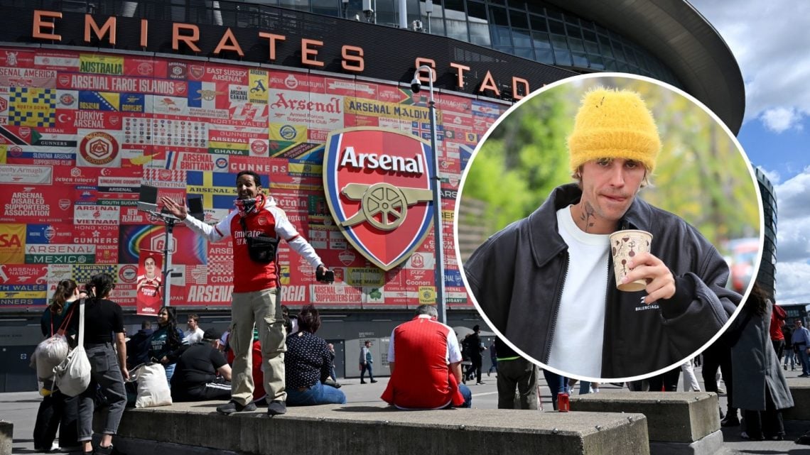 General view outside Emirates Stadium. Inset, Justin Bieber.