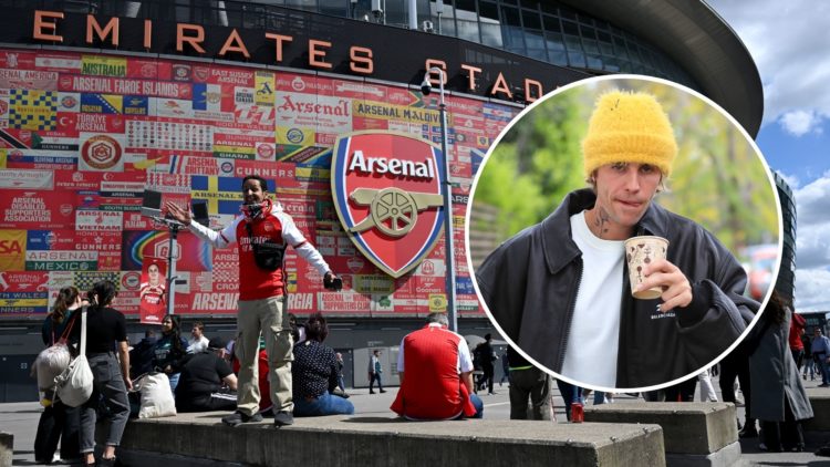 General view outside Emirates Stadium. Inset, Justin Bieber.