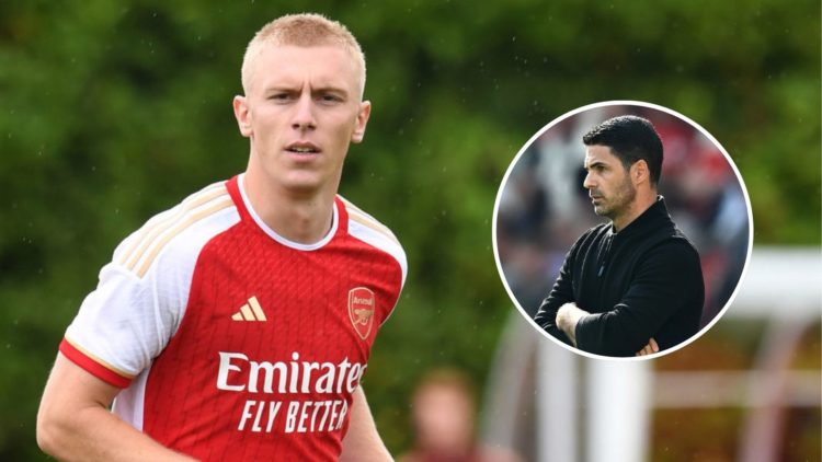 Mika Biereth of Arsenal during the pre season friendly. Inset, Mikel Arteta.