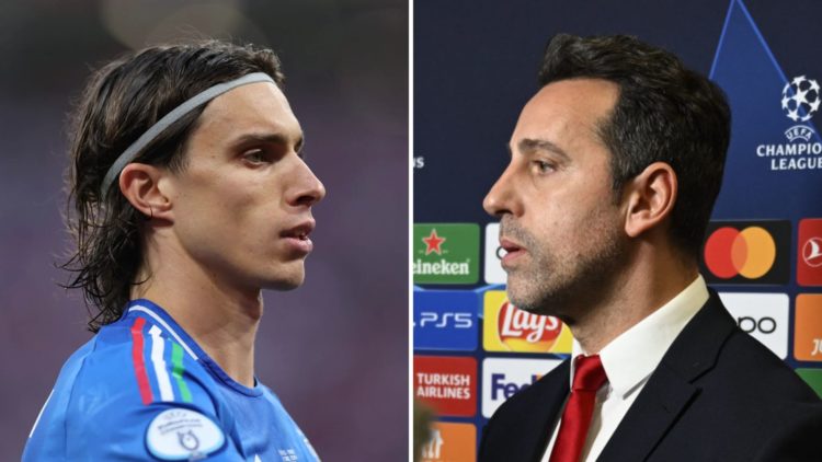 Split image of Riccardo Calafiori of Italy and Edu Gaspar.