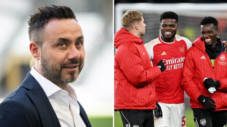 Split image of Roberto de Zerbi (left), and Emile Smith Rowe, Thomas Partey, nad Eddie Nketiah (right) of Arsenal.