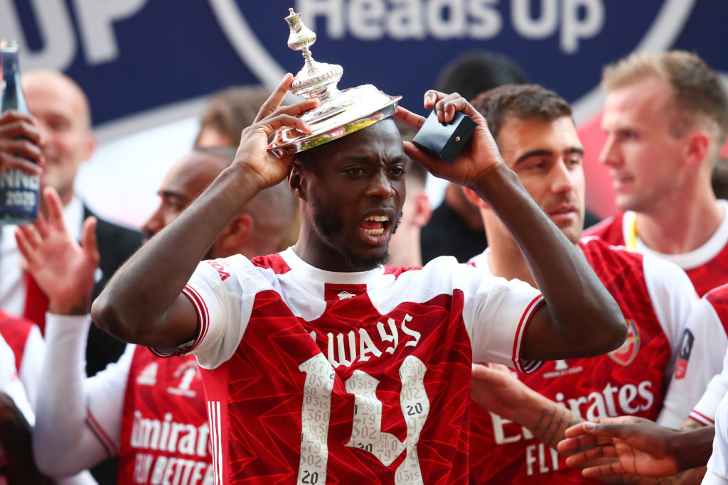 Nicolas Pepe celebrates after Arsenal win the FA Cup