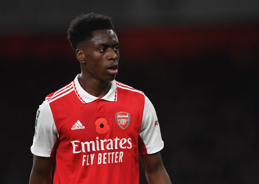 Albert Sambi Lokonga in action during Arsenal v Brighton & Hove Albion in the Carabao Cup Third Round clash.