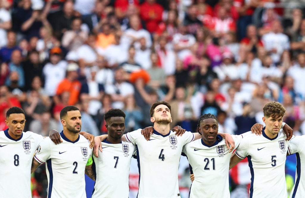 England players including Arsenal and Tottenham target Eberechi Eze stand together during a penalty shootout at Euro 2024