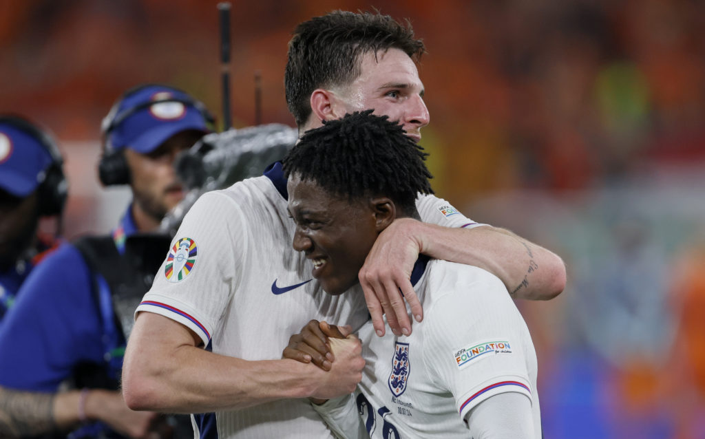 Declan Rice and Kobbie Mainoo of England celebrate after winning the UEFA EURO 2024 semi-final match.