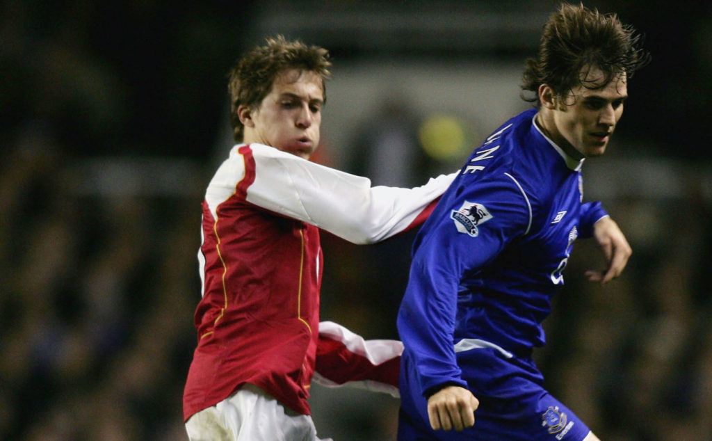 Arsenal striker Arturo Lupoli tussles with Kevin Kilbane of Everton in the League Cup