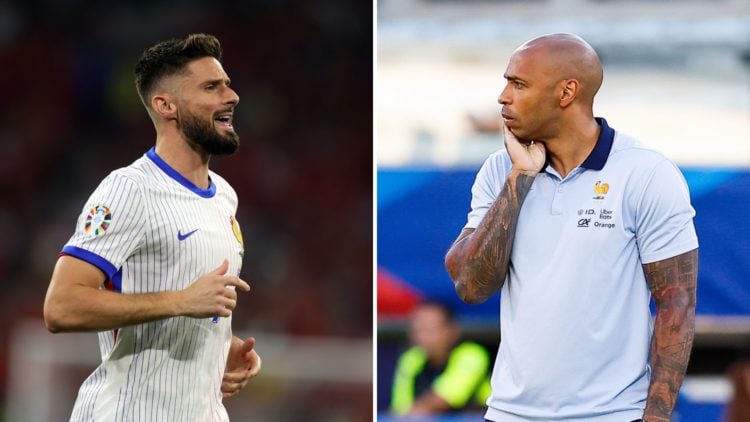 Split image of Olivier Giroud and Thierry Henry of France.
