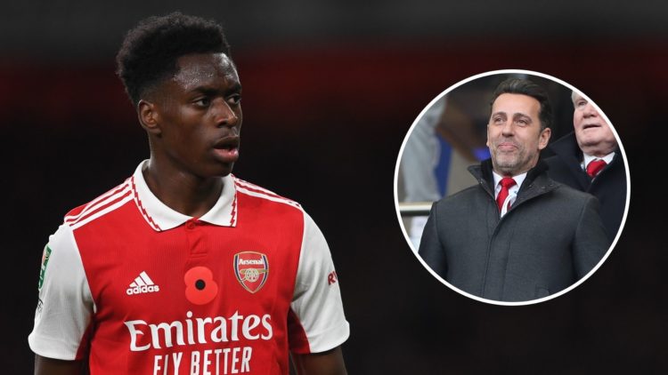 Albert Sambi Lokonga of Arsenal during the Carabao Cup Third Round match. Inset, Edu Gaspar.