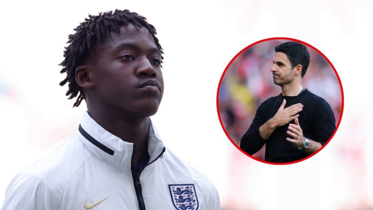 Kobbie Mainoo of England lines up prior to the UEFA EURO 2024 quarter-final match between England and Switzerland. Inset, Mikel Arteta.