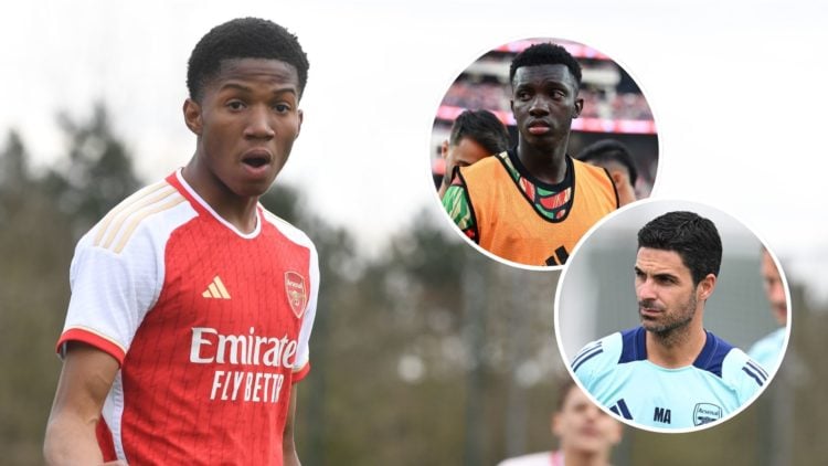 Chido Martin-Obi celebrates scoring his 4th goal of the game. Inset, Eddie Nketiah and Mikel Arteta.