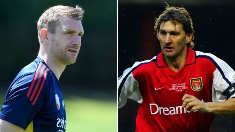 Split image of Per Mertesacker and Tony Adams of Arsenal.
