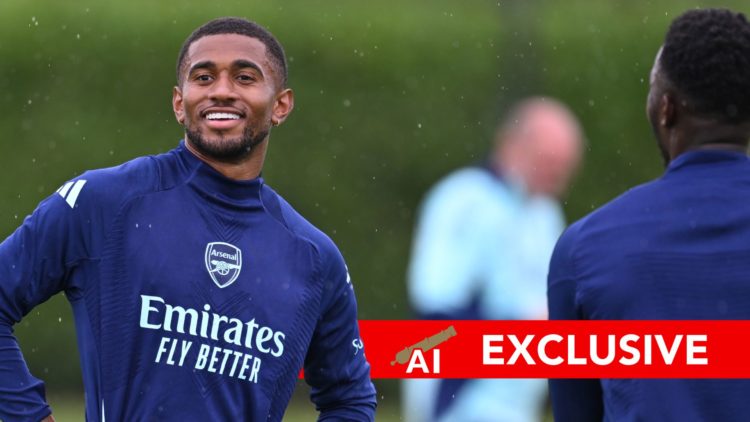 Reiss Nelson of Arsenal during a training session at Sobha Realty Training Centre. Overlaid, an exclusive banner.