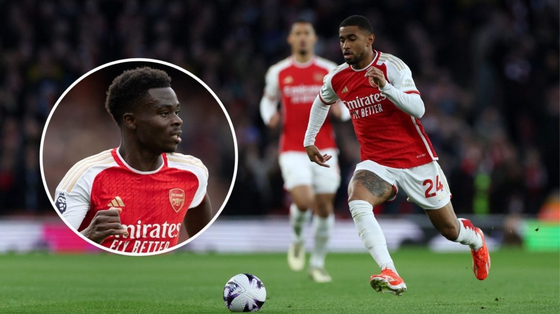 Reiss Nelson of Arsenal FC during the Premier League match. Inset, Bukayo Saka.