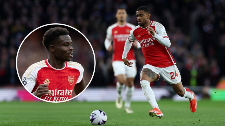 Reiss Nelson of Arsenal FC during the Premier League match. Inset, Bukayo Saka.