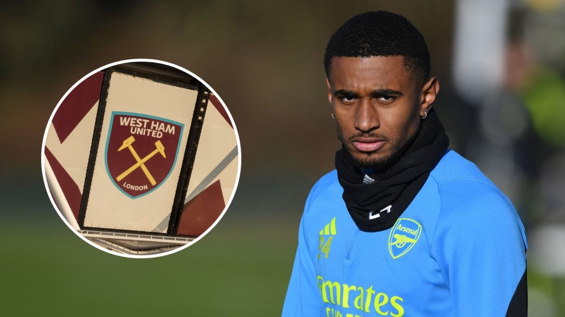 Reiss Nelson of Arsenal during a training session at London Colney. Inset, West Ham United football stadium.