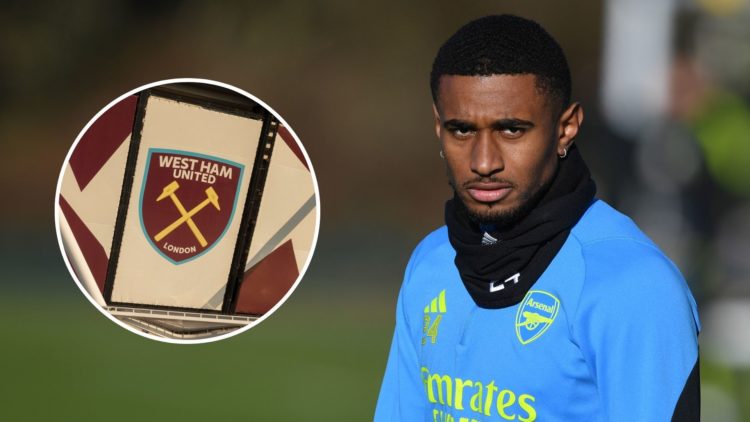 Reiss Nelson of Arsenal during a training session at London Colney. Inset, West Ham United football stadium.