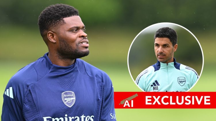 Thomas Partey of Arsenal during a training session at Sobha Realty Training Centre. Inset, Mikel Arteta, overlaid with an exclusive banner.