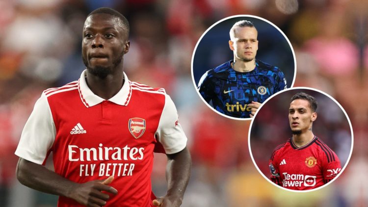 Nicolas Pepe of Arsenal during the pre season friendly between Arsenal and Everton. Inset, Antony of Manchester United and Mykhaylo Mudryk of Chelsea.