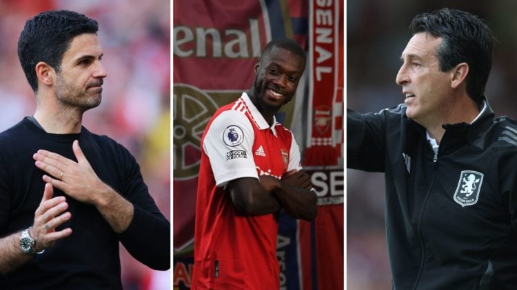 Three image split of Mikel Arteta, Nicolas Pepe, and Unai Emery.