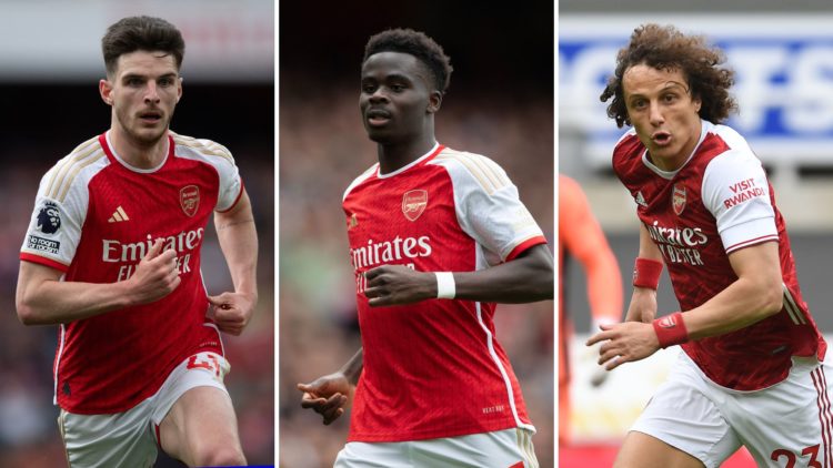Split image of Declan Rice, Bukayo Saka, and David Luiz