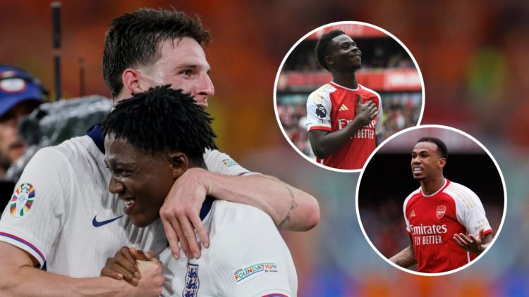 Declan Rice and Kobbie Mainoo of England celebrate after winning the UEFA EURO 2024 semi-final match. Inset, Bukayo Saka and Gabriel Magalhaes.