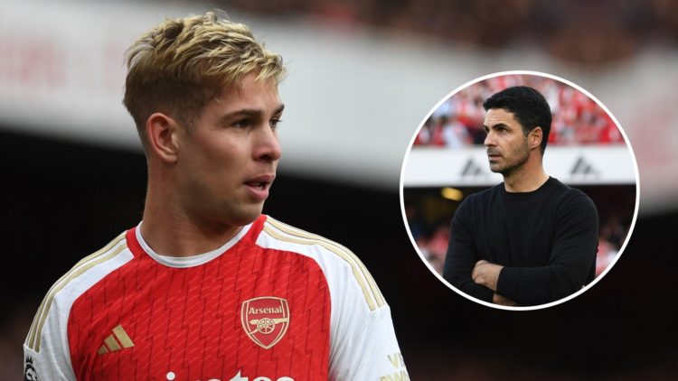 Emile Smith Rowe of Arsenal during the Premier League match. Inset, Mikel Arteta.