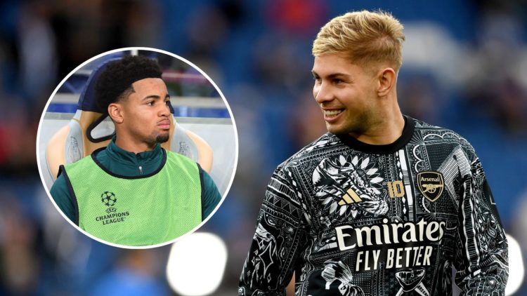 Emile Smith Rowe of Arsenal looks on as the team warms up prior to the Premier League match. Inset, Ethan Nwaneri.