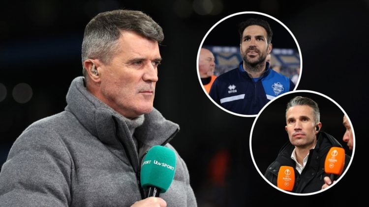 Roy Keane pundit for ITV sport ahead of the Emirates FA Cup Fourth Round Replay match. Inset, Cesc Fabregas of Como 1907, and Robin Van Persie pres...
