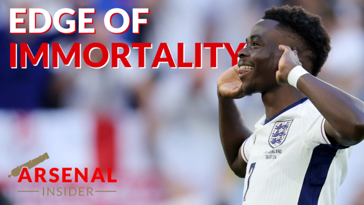 DUSSELDORF, GERMANY - JULY 06: Bukayo Saka of England celebrates scoring the team's third penalty in the penalty shoot out during the UEFA EURO 202...