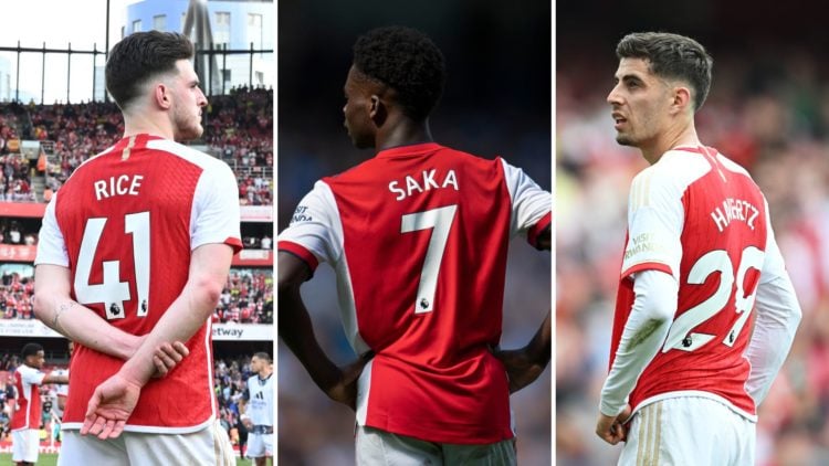 Three image split of Declan Rice, Bukayo Saka, and Kai Havertz with their backs to the camera, showing their kit numbers.
