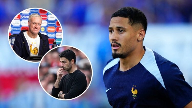William Saliba centre-back of France and Arsenal FC during the warm-up before the UEFA EURO 2024 group stage match. Inset, Didier Deschamps and Mik...