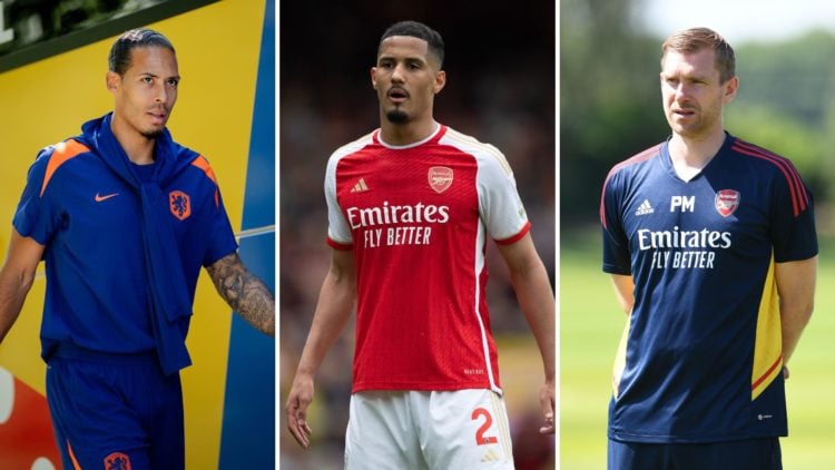 Three image split of Virgil van Dijk of Holland, William Saliba of Arsenal, and Arsenal Academy Director Per Mertesacker.