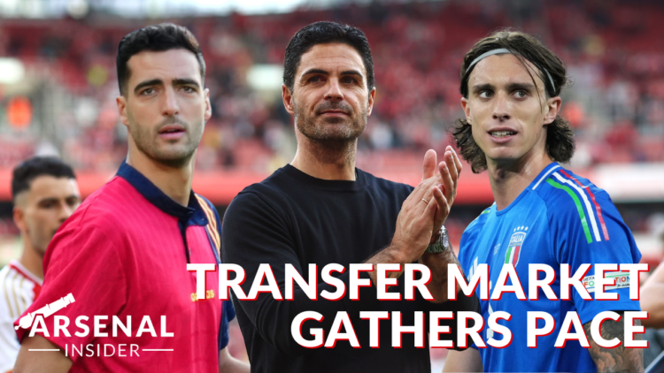 Thumbnail image titled "TRANSFER MARKET GATHERS PACE" depicting Mikel Merino, Mikel Arteta, and Riccardo Calafiori.