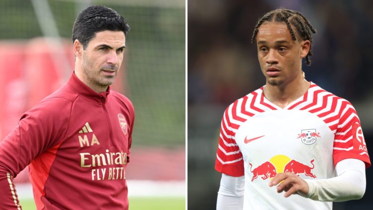 Split image of Mikel Arteta, manager of Arsenal, and Xavi Simons of RB Leipzig.