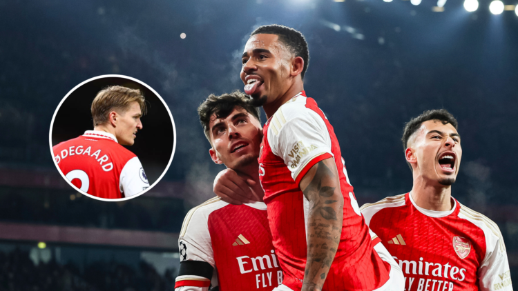Gabriel Jesus and Kai Havertz of Arsenal with Gabriel Martinelli and Martin Odegaard in celebration.