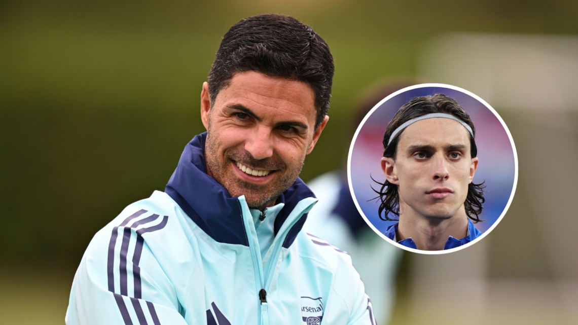 Mikel Arteta in pre-season training, Riccardo Calafiori inset.