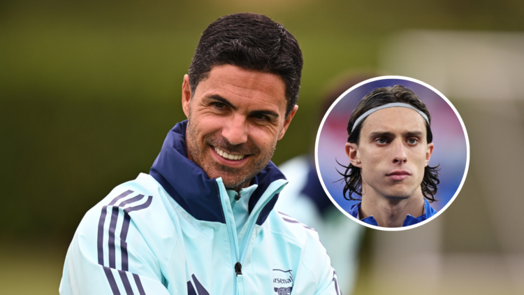 Mikel Arteta in pre-season training, Riccardo Calafiori inset.