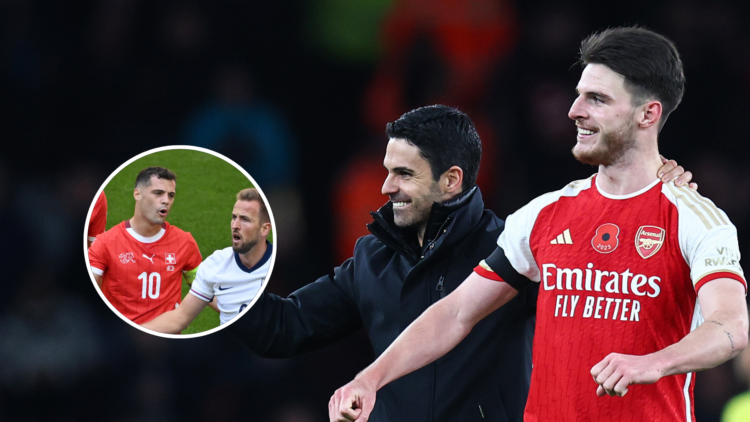 Declan Rice and Mikel Arteta embrace, Granit Xhaka inset with Harry Kane during the Euro 2024 quarter-final.