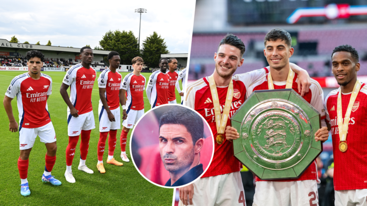 Arsenal players in pre-season with Arteta inset.