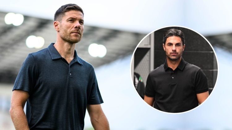 Xabi Alonso of Leverkusen looks on during the pre-season friendly match. Inset, Mikel Arteta.
