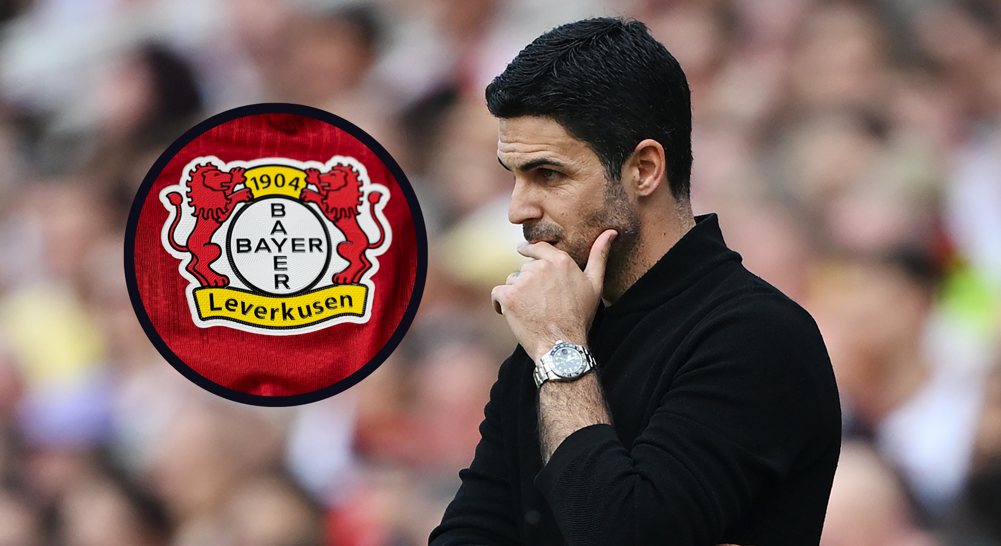 An image featuring Arsenal boss Mikel Arteta and a Bayer Leverkusen badge.