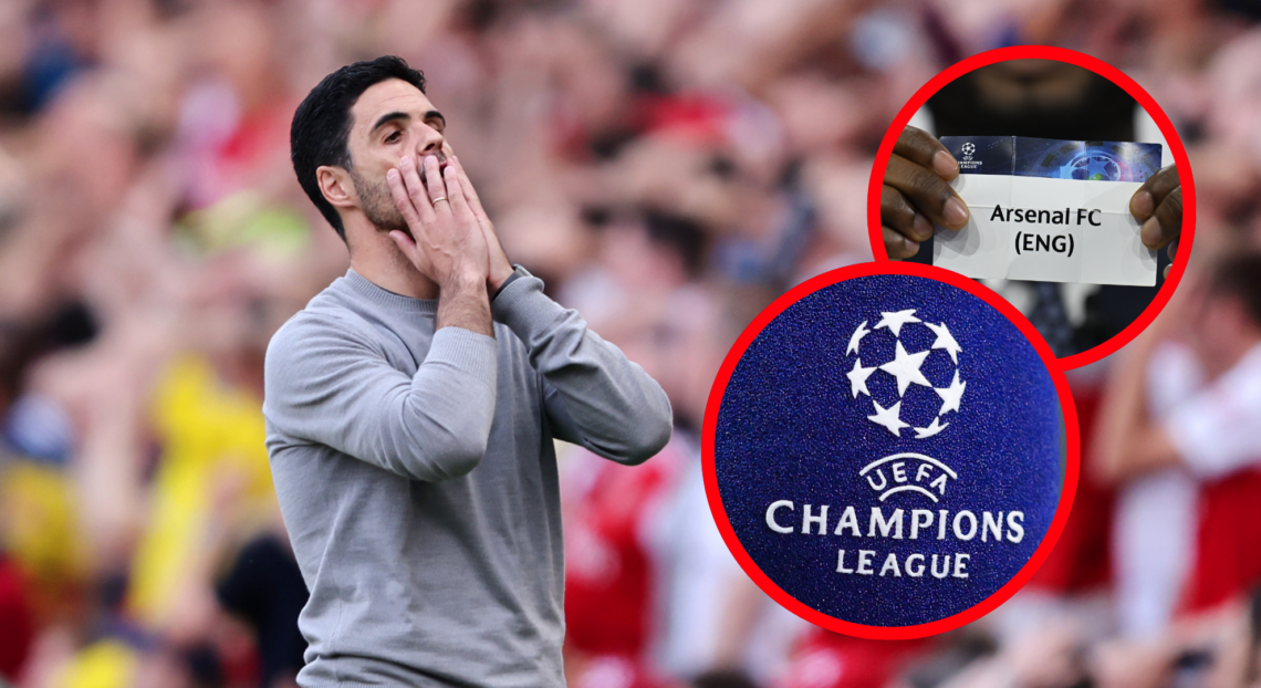 An image featuring Mikel Arteta, the Arsenal draw in the Champions League and the Champions League logo.