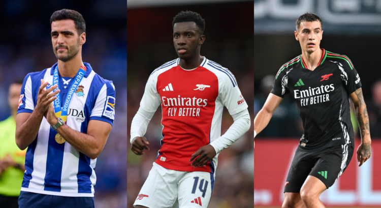 An image that features Mikel Merino, Eddie Nketiah and Jakub Kiwior.