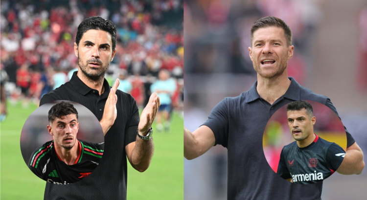 A composition of images featuring Mikel Arteta, Kai Havertz, Xabi Alonso and Granit Xhaka.